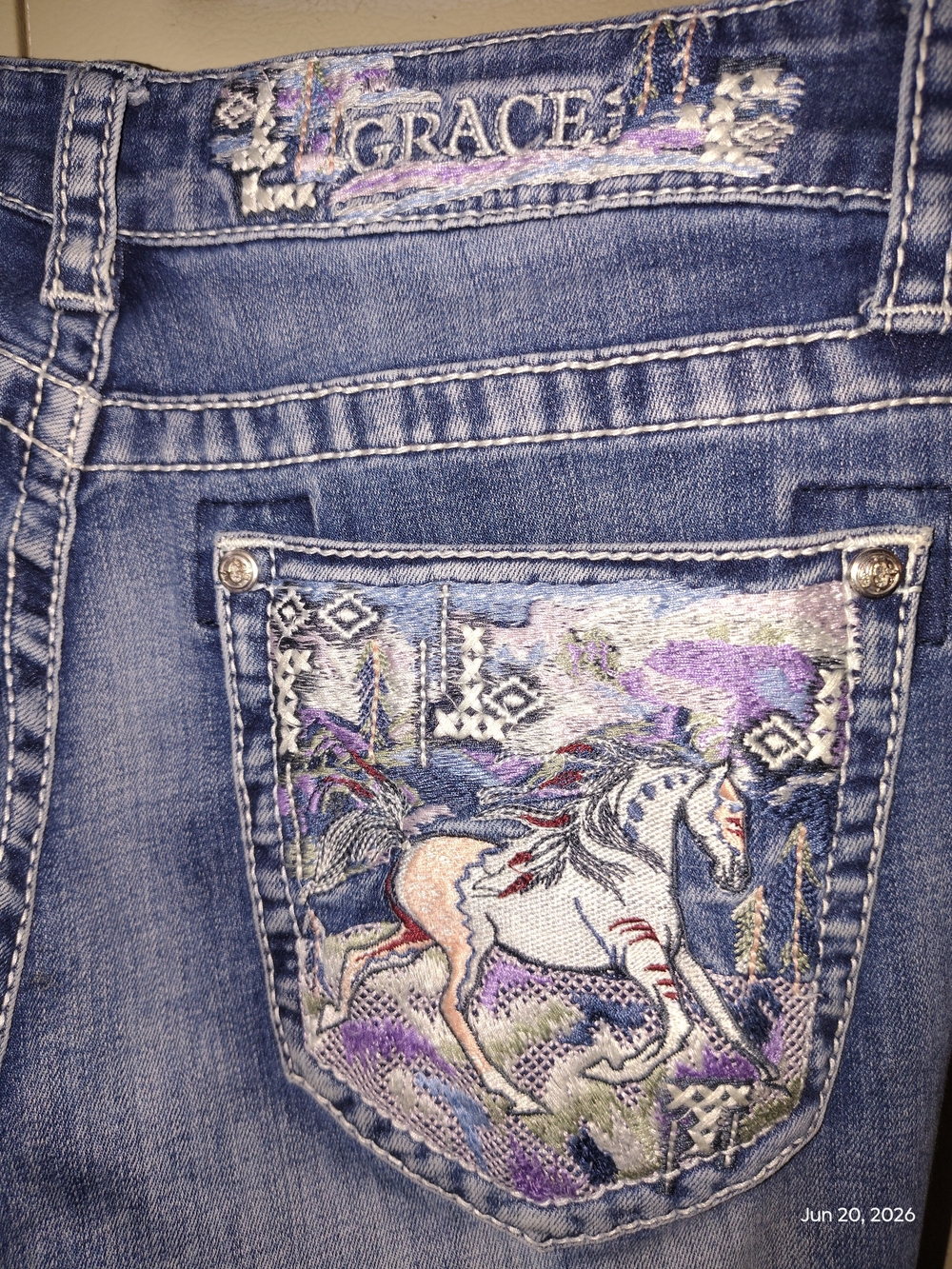Grace In LA Women's Blue Boot Cut Jeans with Embroidered Horse Pocket